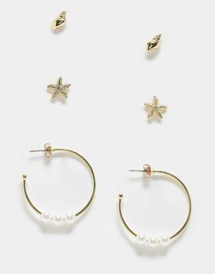 Pieces 3 pack beachy stud and hoop earrings in gold ǥ