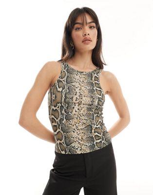 Pieces racer neck vest top in snake print ǥ