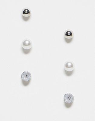 Pieces 3 pack pearl & diamante stud earrings in silver & white レディース