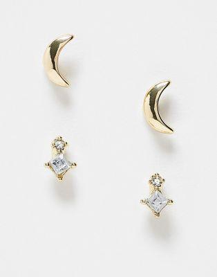 Pieces gem stud and half moon stud 2-pack earrings in gold レディース