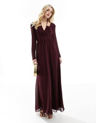 ティーエフエヌシー TFNC halter neck long sleeve maxi dress with cutout details in plum レディース