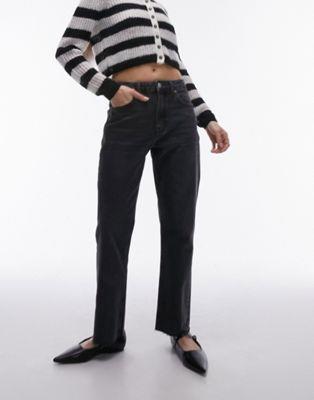 トップショップ Topshop cropped mid rise straight jeans with raw hems in washed black レディース