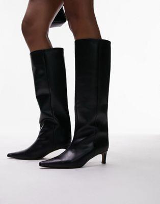 楽天サンガトップショップ Topshop Tara premium leather knee high heeled boots in black レディース