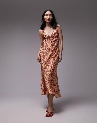 トップショップ Topshop satin slip dress with lace insert in orange print レディース