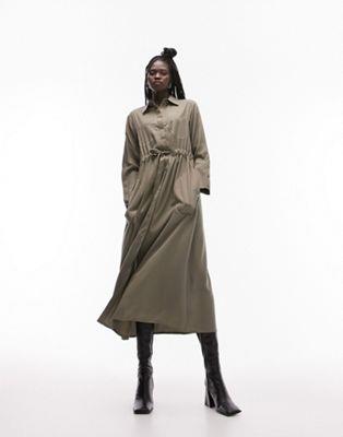 トップショップ Topshop contrast bust stitch midi shirt dress in khaki レディース