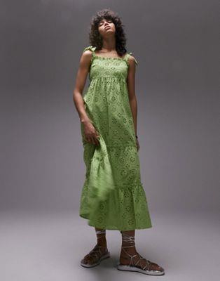 トップショップ Topshop tie strap broderie midi beach dress in green レディース