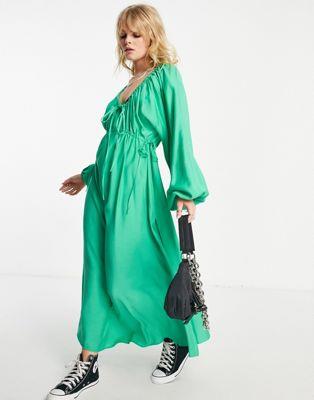 トップショップ Topshop textured ruched channel midaxi dress in green レディース