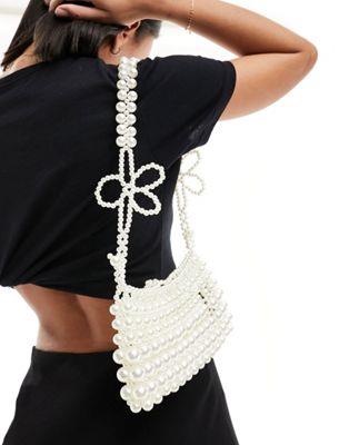 True Decadence flower strap pearl shoulder bag in white fB[X