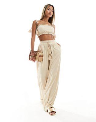  ASOS DESIGN textured tassel tie waist wide leg trouser in stone co-ord ǥ