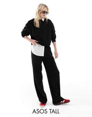 ASOS Tall エイソス ASOS DESIGN Tall Wide leg dad trouser with linen in black レディース