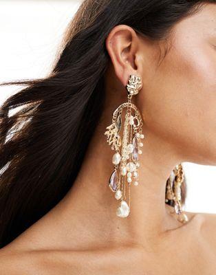  ASOS DESIGN drop earrings with multi strand faux pearl and bead detail in gold tone ǥ