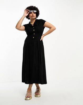 ASOS Curve エイソス ASOS DESIGN Curve linen cap sleeve shirt midi dress with pin tucks in black レディース
