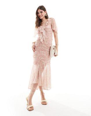 エイソス ASOS DESIGN ruched high-low hem fitted Midi dress in pink floral レディース