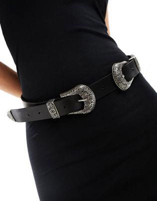  ASOS DESIGN leather double buckle western waist and hip belt in silver ǥ