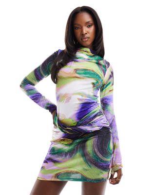 エイソス ASOS DESIGN long sleeve twist detail mini dress in purple swirl print レディース