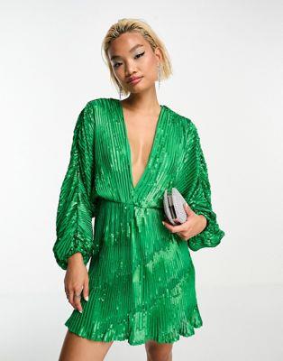 エイソス ASOS DESIGN embellishment mini dress in green with blouson sleeve レディース