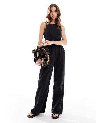 エイソス ASOS DESIGN minimal denim strappy back jumpsuit in black レディース