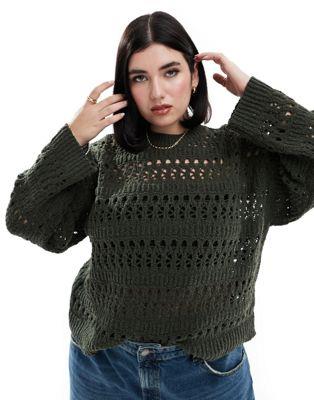 ASOS Curve  ASOS DESIGN Curve jumper with open stitch in textured yarn in khaki ǥ