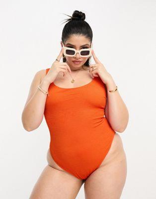 ASOS Curve  ASOS DESIGN Curve crinkle scoop low back swimsuit in deep orange ǥ