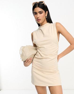  ASOS DESIGN grown on neck mini dress with ruched sides in stone ǥ