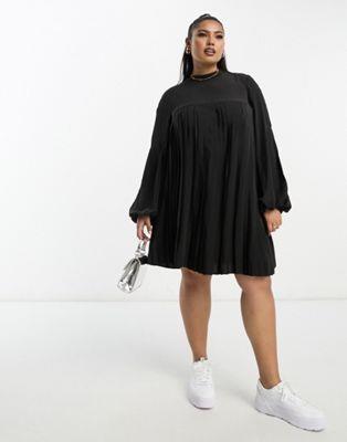 ASOS Curve エイソス ASOS DESIGN Curve high neck pleated trapeze mini dress with split sleeves in black レディース