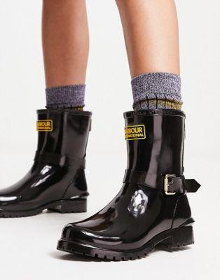 ouA[ Barbour International Mugello short biker wellington boot in shiny black fB[X