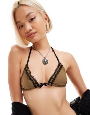 Collusion コリュージョン COLLUSION co-ord lingerie bikini top with bow and lace in khaki レディース