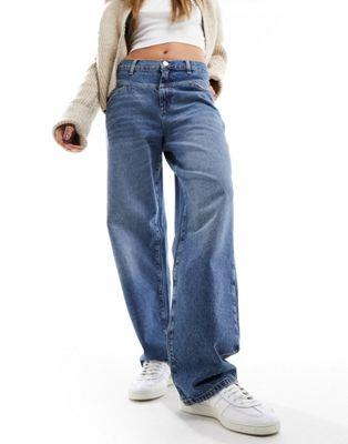 ޥ Mango mid waist baggy jeans with rips in medium blue ǥ