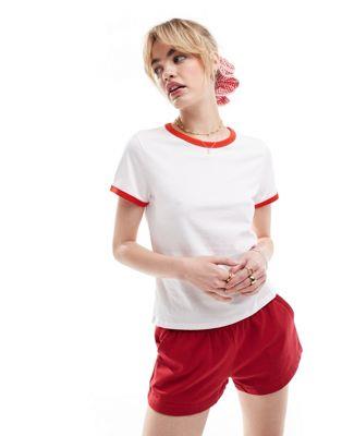 Monki short sleeve t-shirt in white with red tri