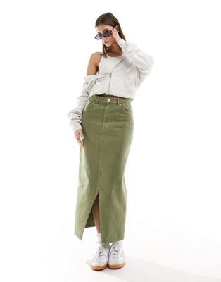 Monki denim midi skirt with split in khaki green wash fB[X