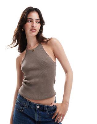 I[ ONLY halter neck light weight knitted top in light brown fB[X