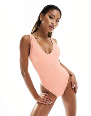 С River Island textured swimsuit in coral ǥ