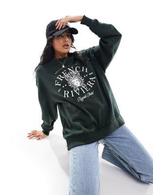 Stradivarius French Riviera slogan sweatshirt in green レディース