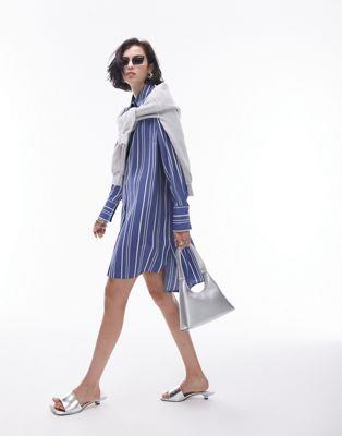 楽天サンガトップショップ Topshop mini shirt dress with step hem in blue stripe レディース