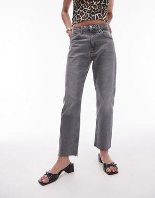 トップショップ Topshop cropped mid rise straight jeans with raw hems in grey レディース