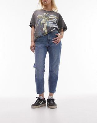 トップショップ Topshop Petite cropped mid rise straight jeans with raw hems in mid blue レディース