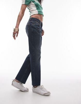 トップショップ Topshop cropped mid rise straight jeans with raw hems in filthy rich blue レディース