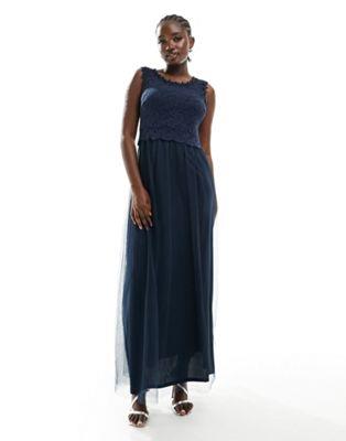 Vila Bridesmaid lace and tulle maxi dress in navy レディース