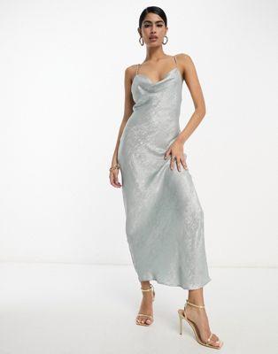 Vila glam lace up back cami maxi dress in shimmer silver レディース