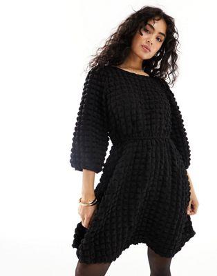 Vila textured smock mini dress with tie back in black レディース