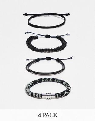 エイソス エイソス ASOS DESIGN 4 pack leather and woven bracelet in monochrome メンズ