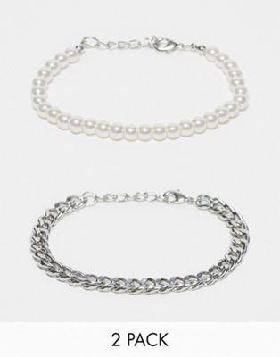 エイソス エイソス ASOS DESIGN 2 pack bracelet set with chain and 6mm faux pearl in silver tone メンズ