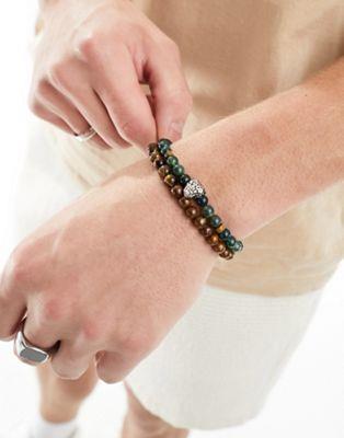 エイソス エイソス ASOS DESIGN 2 pack beaded bracelet in moss agate and tigers eye stones with leopard head charm メンズ