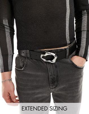 エイソス ASOS DESIGN faux leather belt with silver mottled buckle in black メンズ