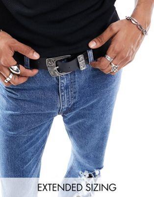 エイソス ASOS DESIGN faux leather belt with silver western buckle in black メンズ
