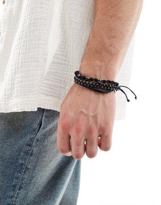 エイソス エイソス ASOS DESIGN 3 pack cord and hematite beaded bracelet in black メンズ