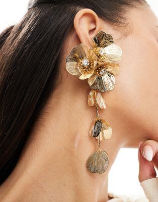 エイソス エイソス ASOS DESIGN clip on drop earrings with 3D floral design in gold tone レディース