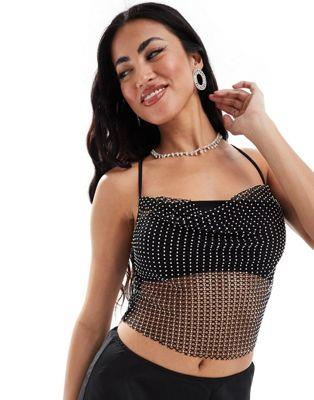 エイソス ASOS DESIGN cowl neck cami top in hotfix fishnet in black レディース