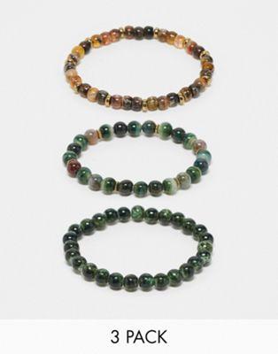 エイソス エイソス ASOS DESIGN 3 pack beaded bracelet set in green and gold semi-precious stone mix メンズ