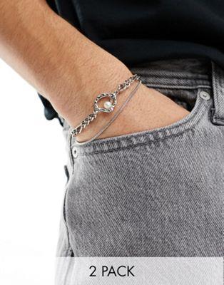 エイソス エイソス ASOS DESIGN 2 pack mixed bracelet set with faux pearl in silver tone メンズ